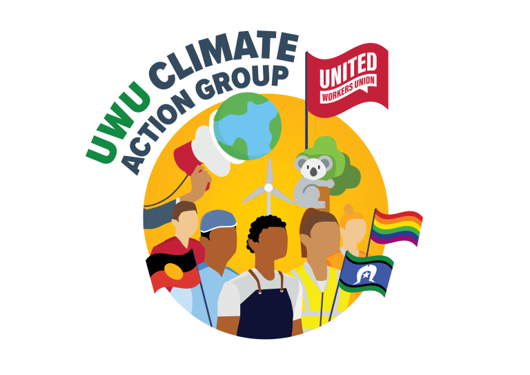 Image representing the uwu climate action group, with diverse people flags, megaphones and the planet on display.