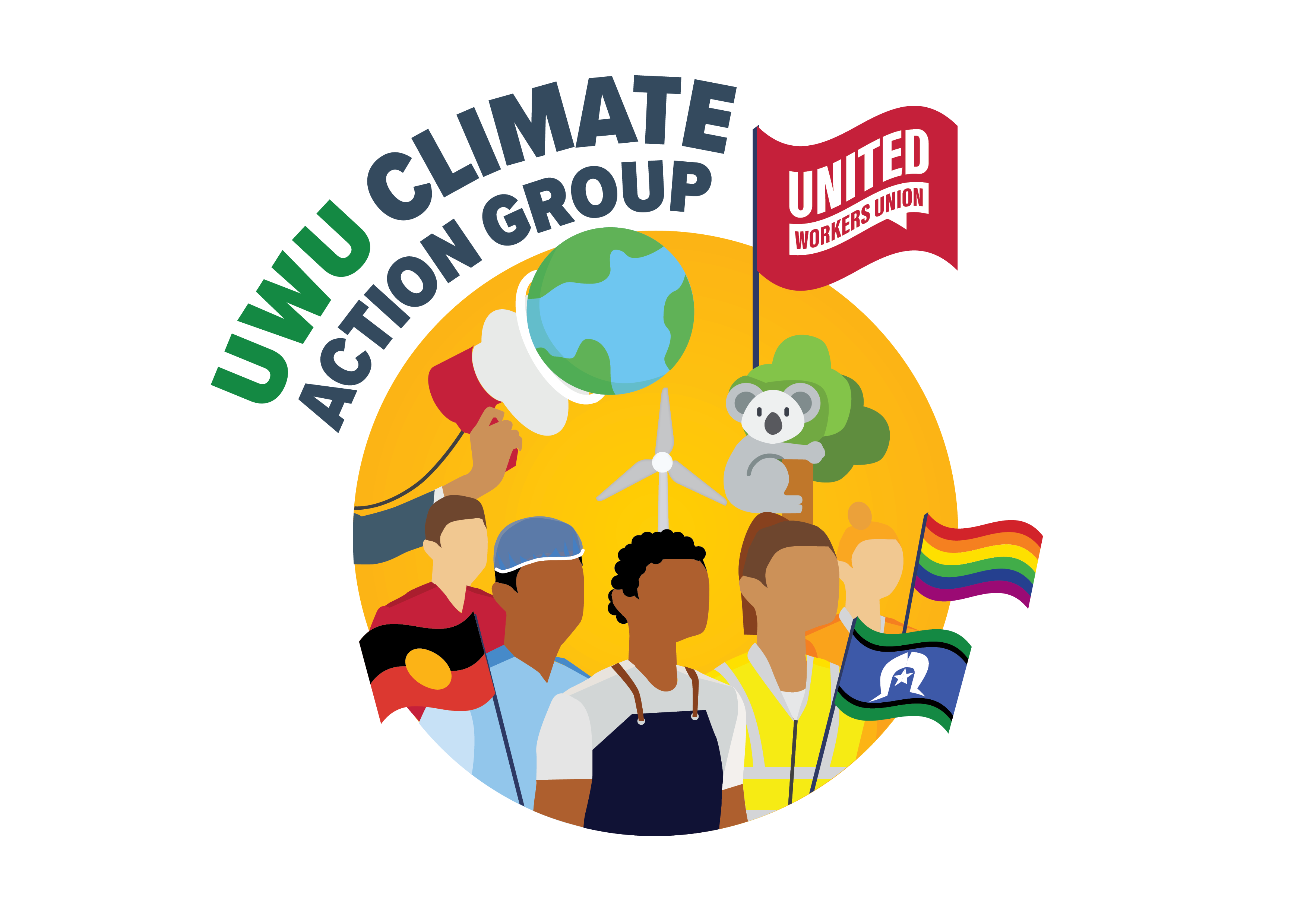 Image representing the uwu climate action group, with diverse people flags, megaphones and the planet on display.